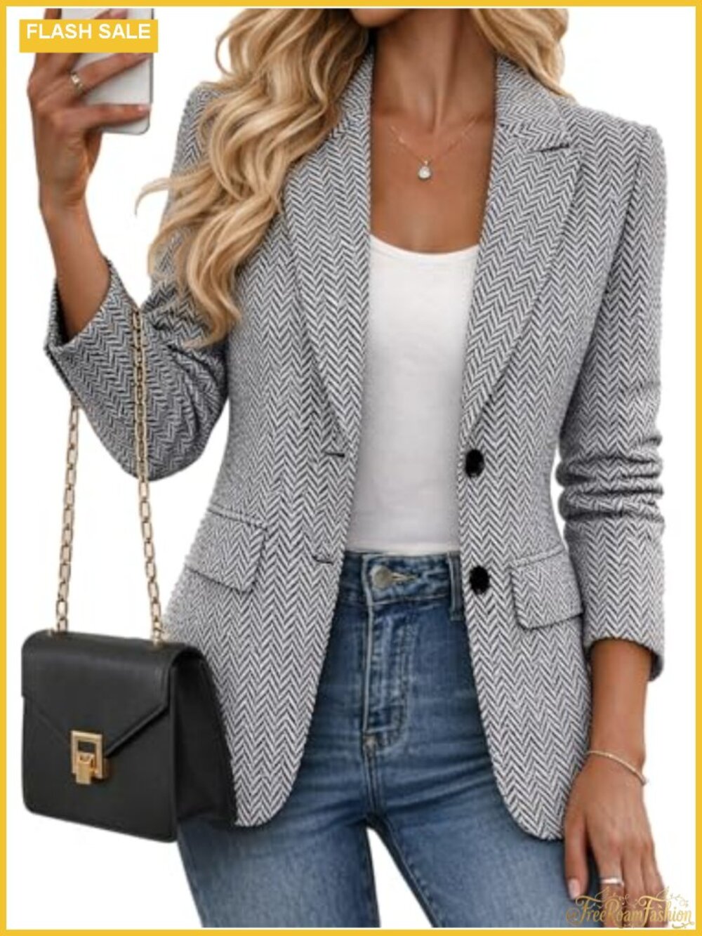 Women's Herringbone Tweed Plaid Blazer Notch Collar Business Casual